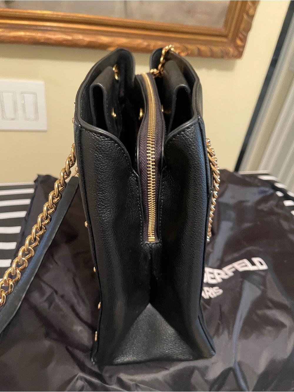 Karl Lagerfeld Black Leather Tote with Gold Stud Chevron & Chain Straps - Picture 6 of 14